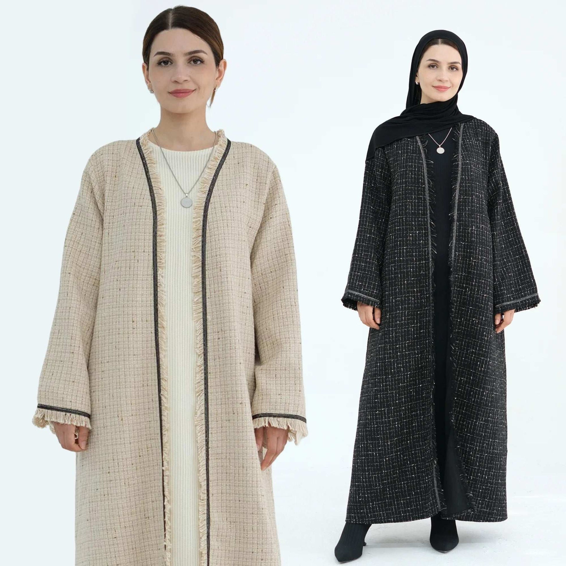 Tweed Open Abaya Coat - Beige