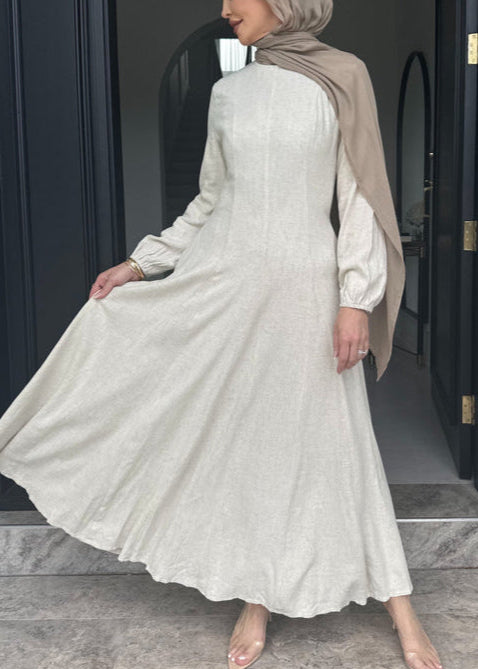 Amara Modest Linen Dress Long Sleeve, Balloon Sleeve, Perfect for all occasions. Gray / XL