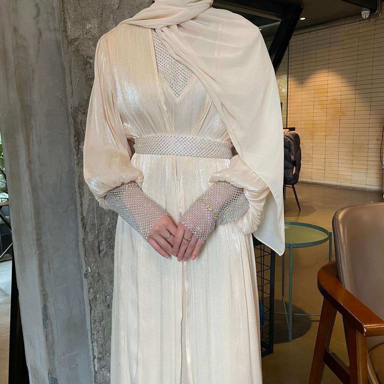 Luxury 4 PC Shiny Organza Abaya Set - Brown