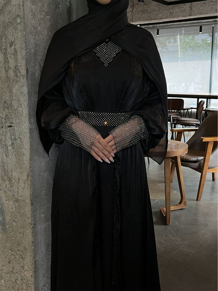 Luxury 4 PC Shiny Organza Abaya Set - Brown - Nour Modesty