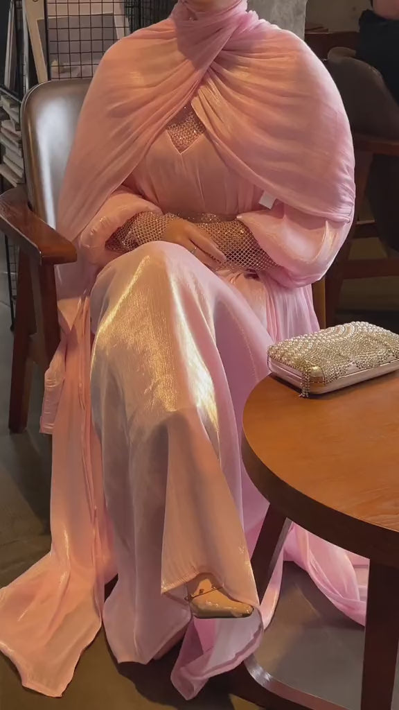 Luxury 4 PC Shiny Organza Abaya Set - Blue - Nour Modesty