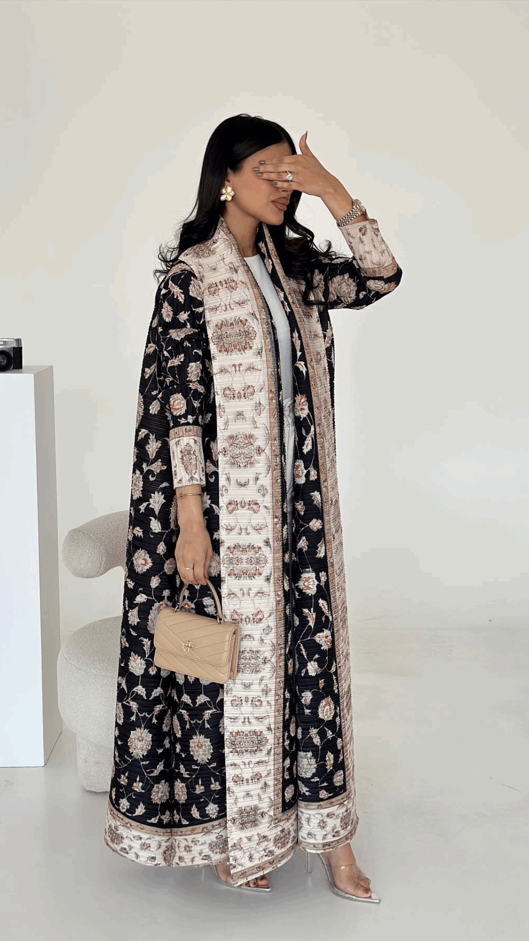 pleated abaya dress Printed Pleated Open Abaya Dress With Matching Hijab #25231 Urgarment