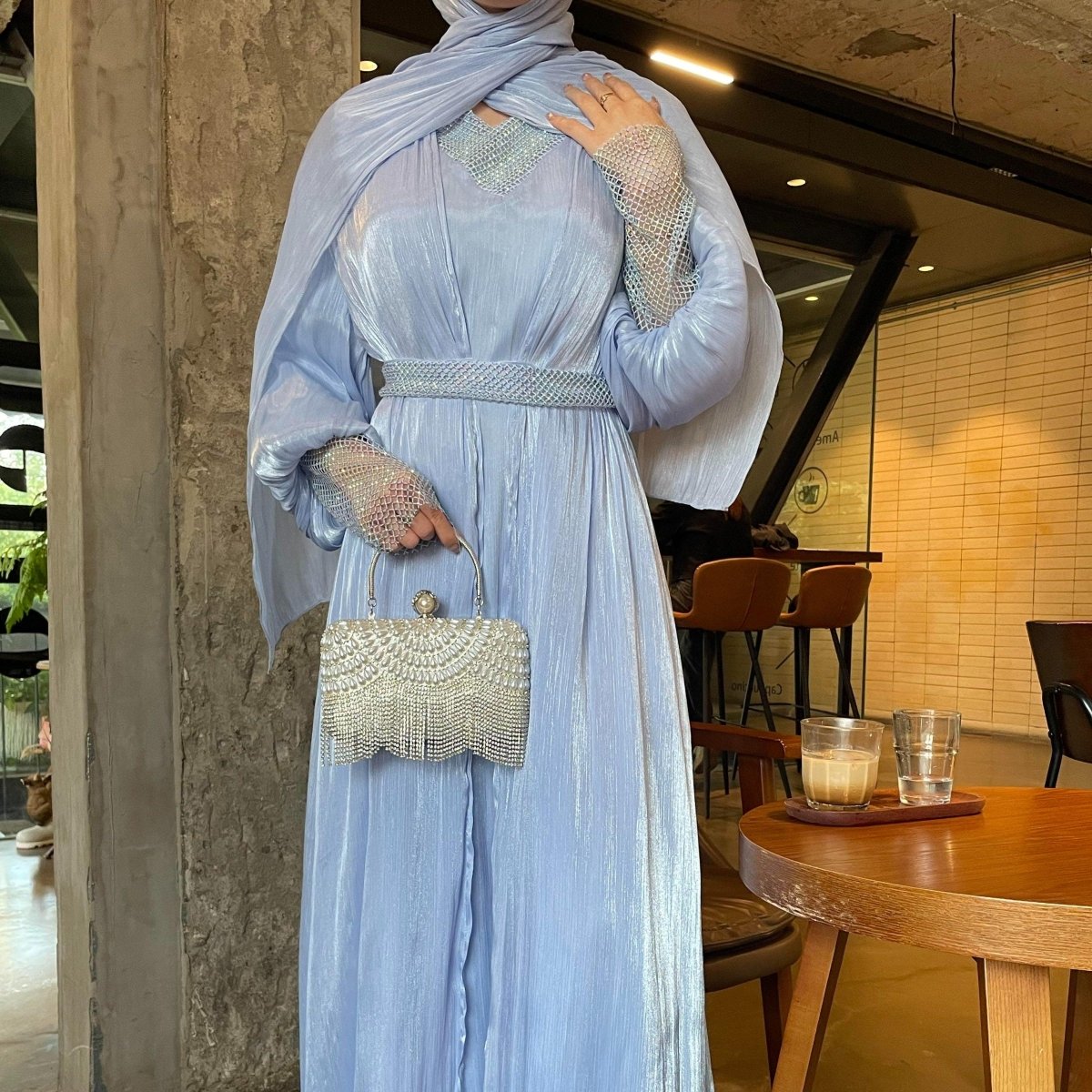 Luxury 4 PC Shiny Organza Abaya Set - Brown - Nour Modesty