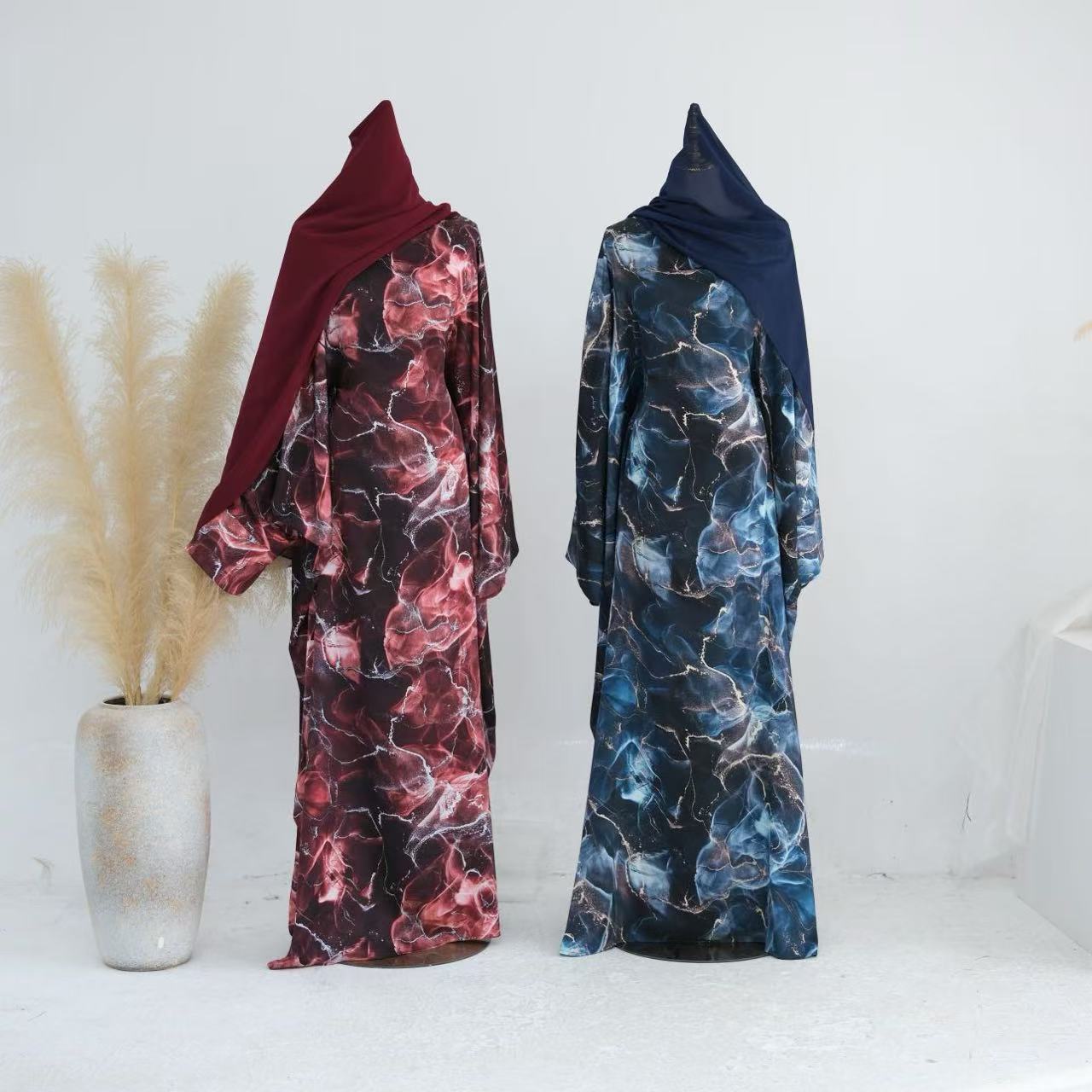 Printed Butterfly Abaya - Marble Blue - Nour Modesty