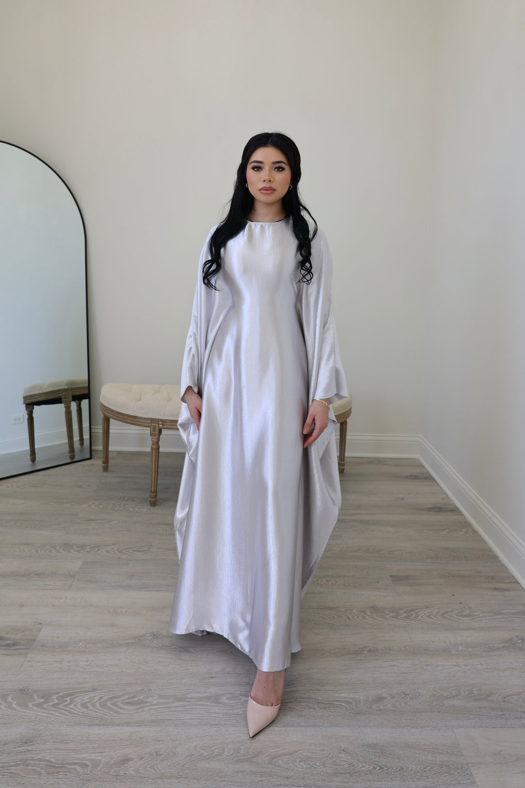 Luxury Silk Butterfly Abaya Silver / (L-XXL) Luxury Silk Butterfly Abaya Silver / (L-XXL)