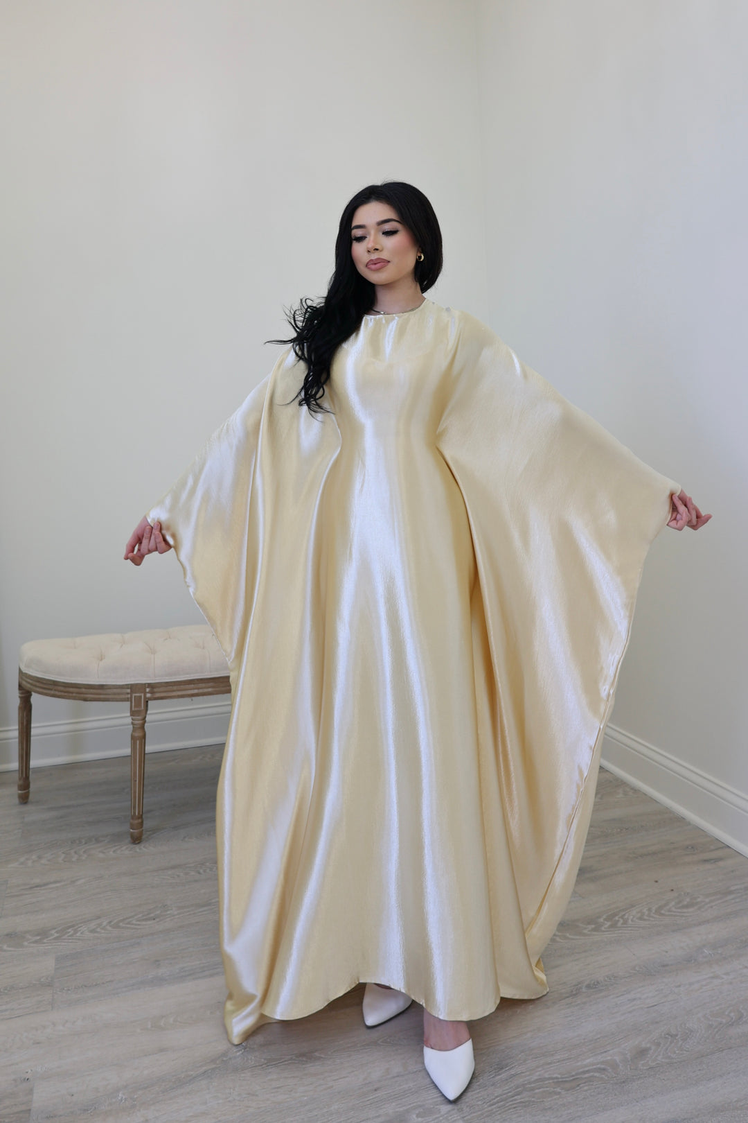 Luxury Silk Butterfly Abaya Cream - Nour Modesty
