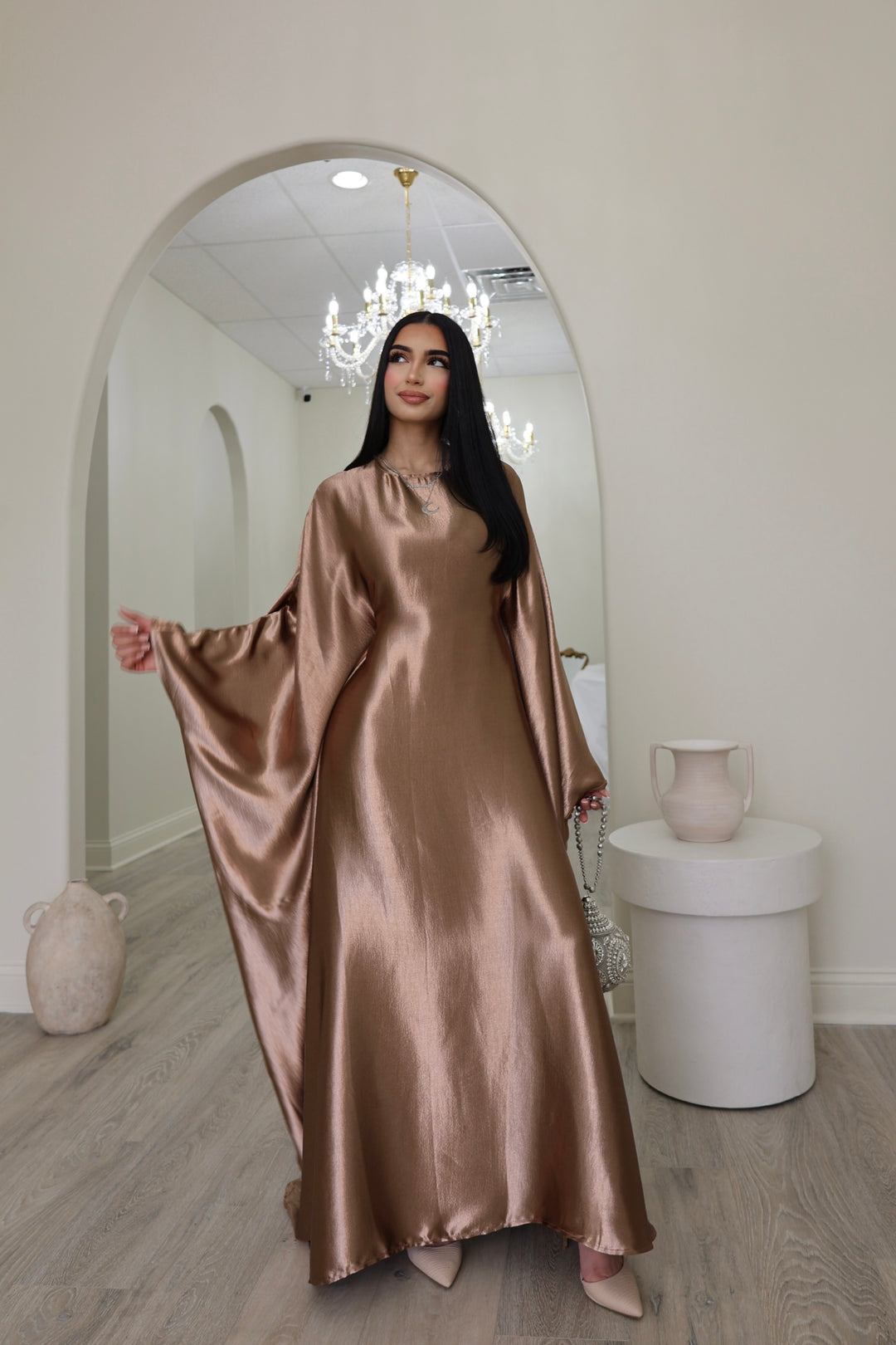 Luxury Silk Butterfly Abaya Cream - Nour Modesty