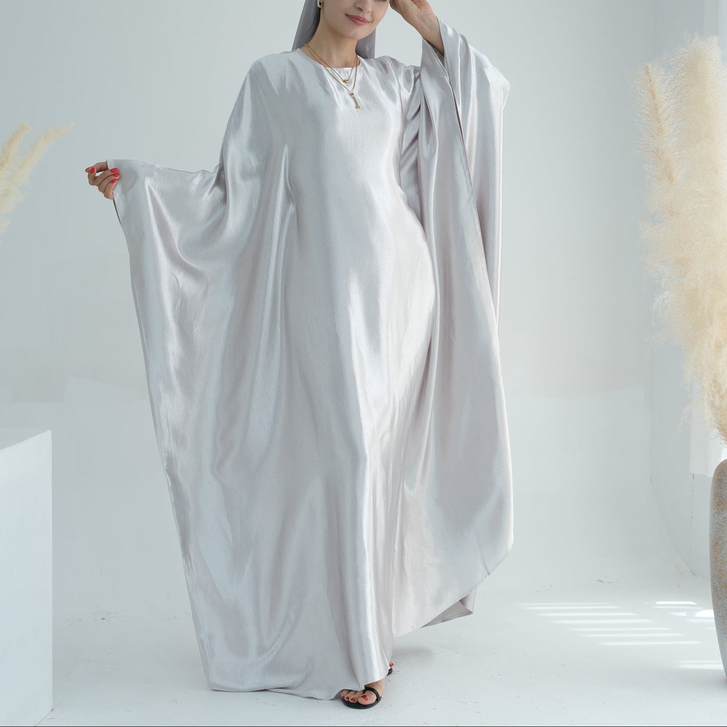 Luxury Silk Butterfly Abaya Silver - Nour Modesty