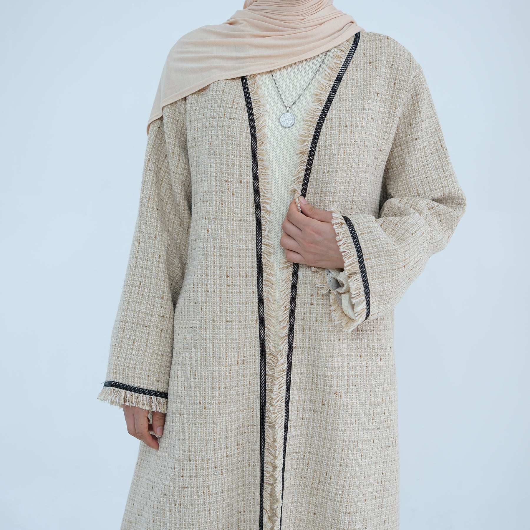 Tweed Open Abaya Coat - Beige