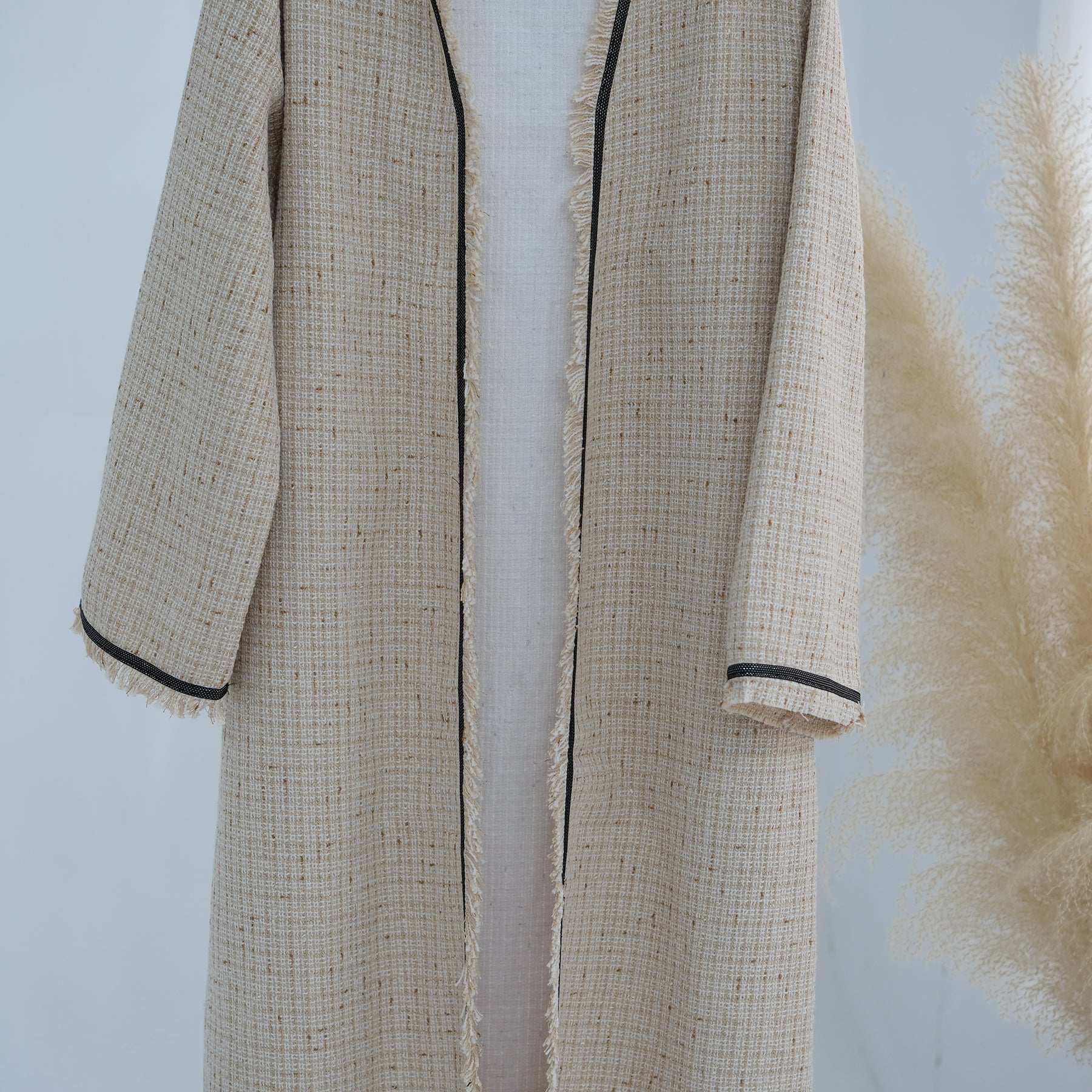Tweed Open Abaya Coat - Beige