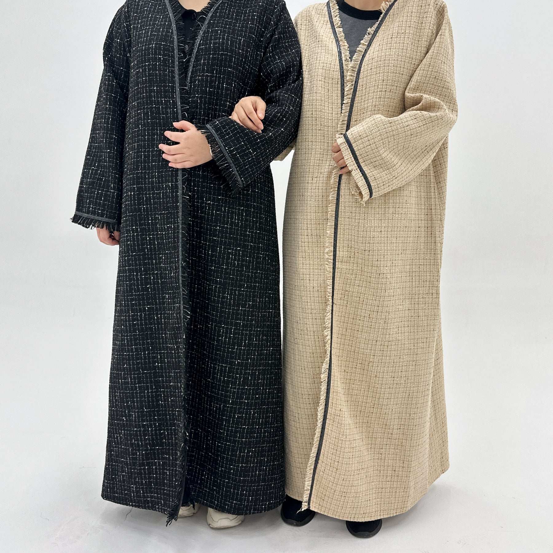 Tweed Open Abaya Coat - Beige