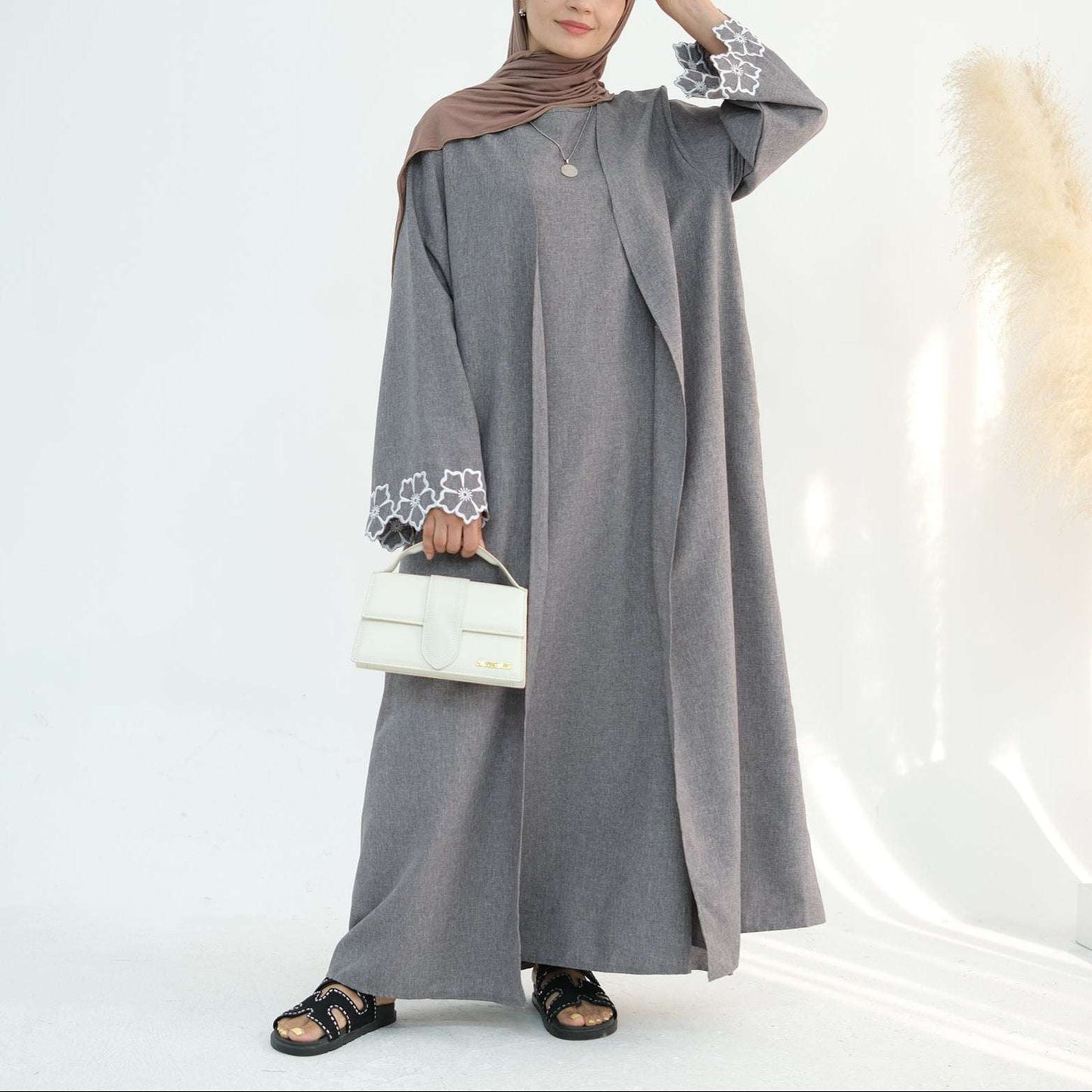 Noor Linen Abaya Set - Brown