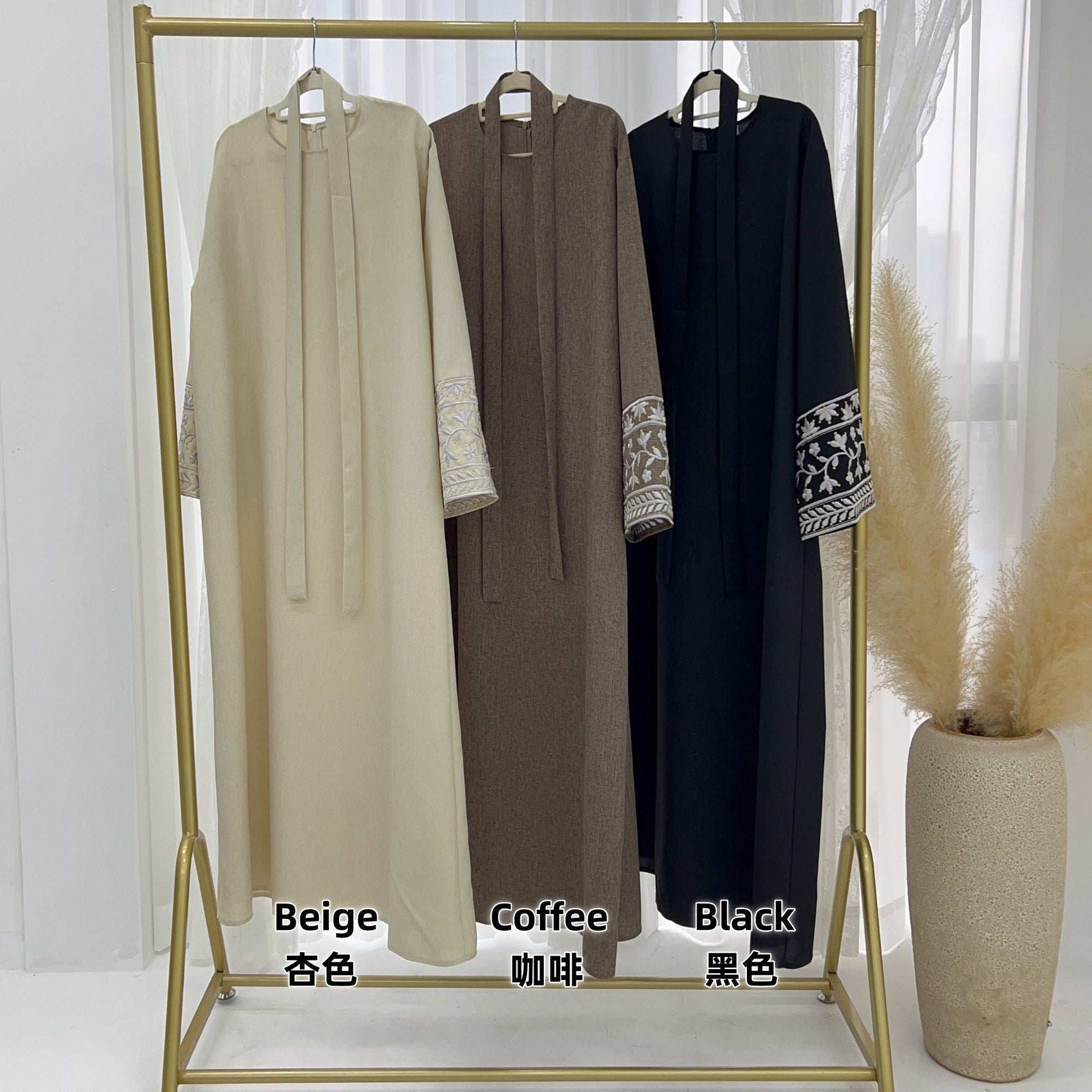 Embroidered Abaya Dress - Beige
