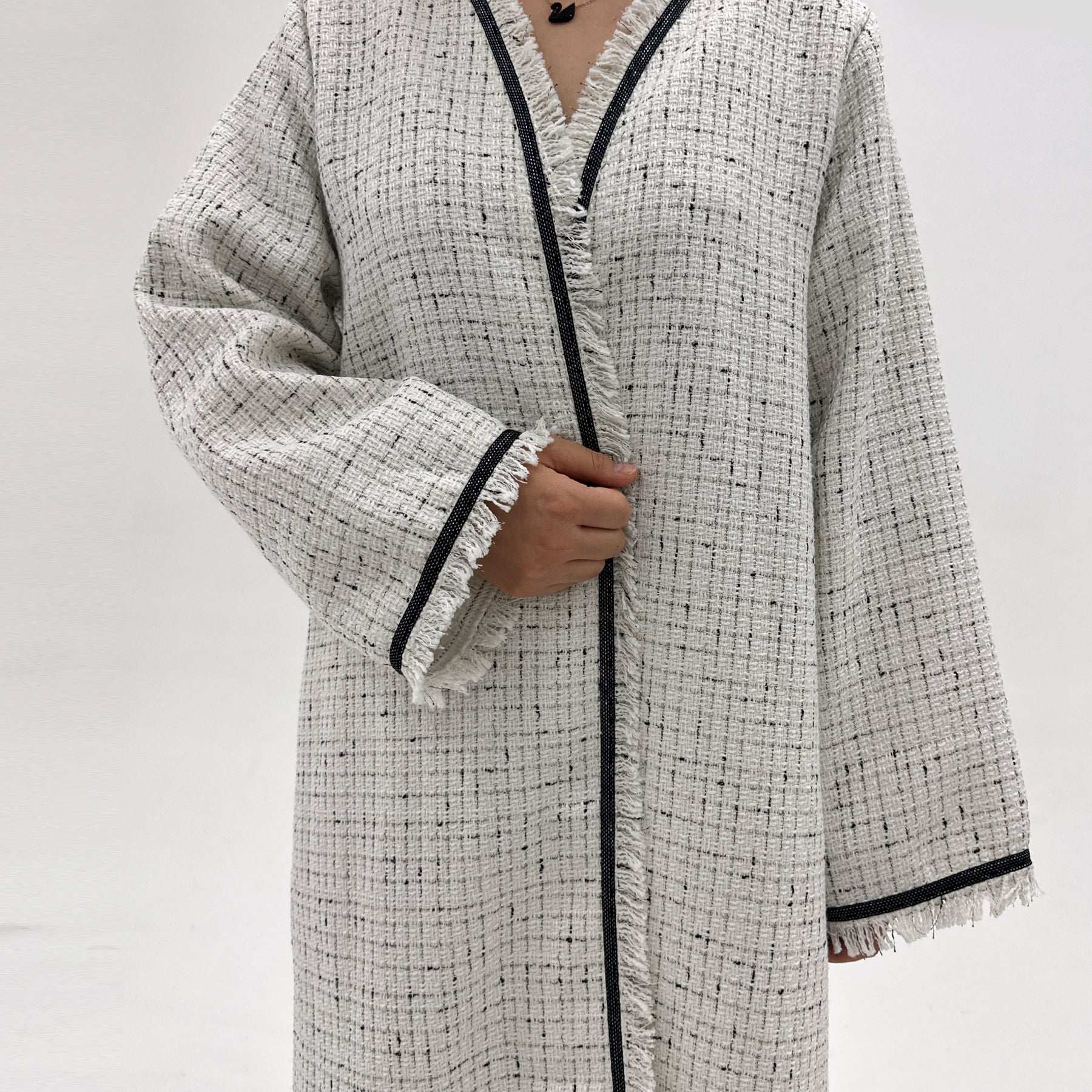 Tweed Open Abaya Coat - Beige