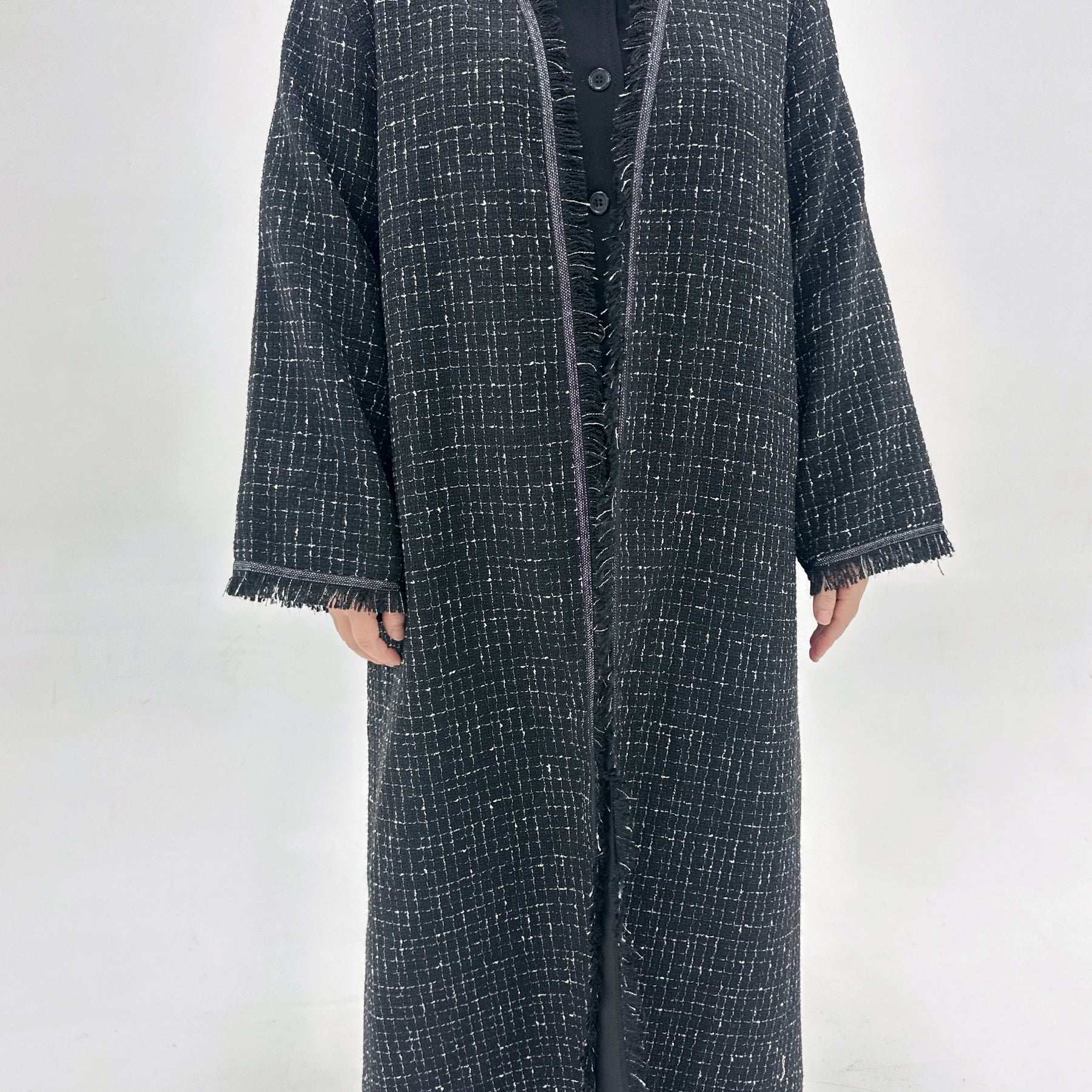 Tweed Open Abaya Coat - Beige