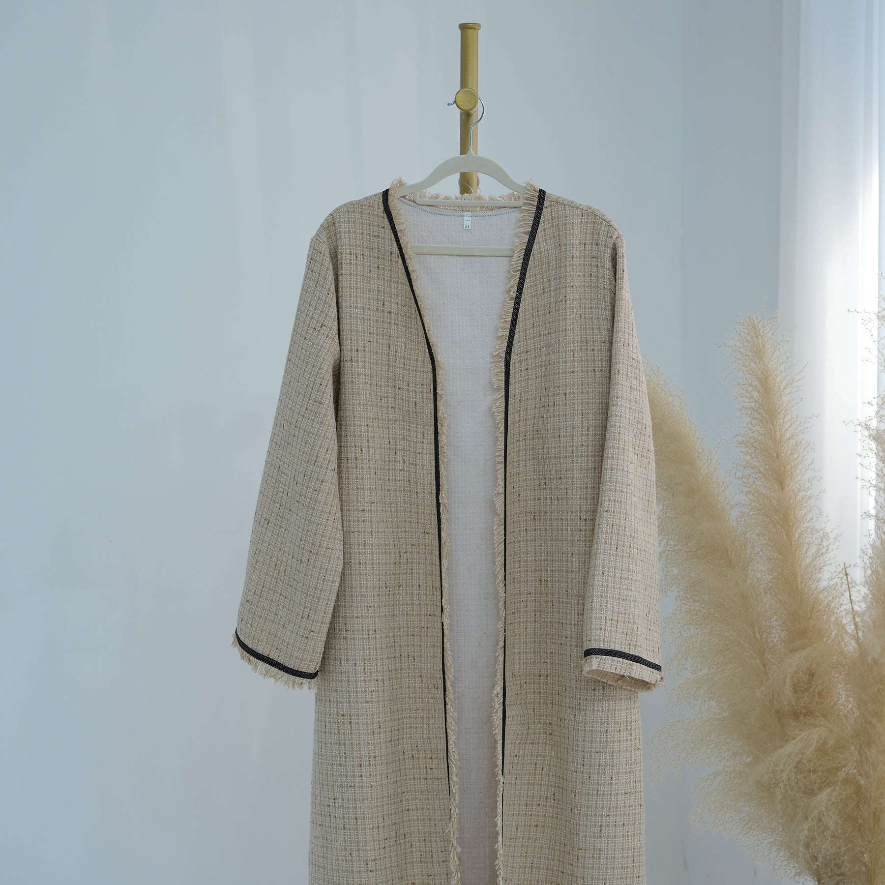 Tweed Open Abaya Coat - Beige