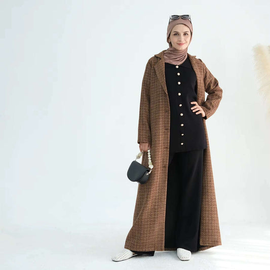 Elegant Tweed Longline Abaya Coat - Brown