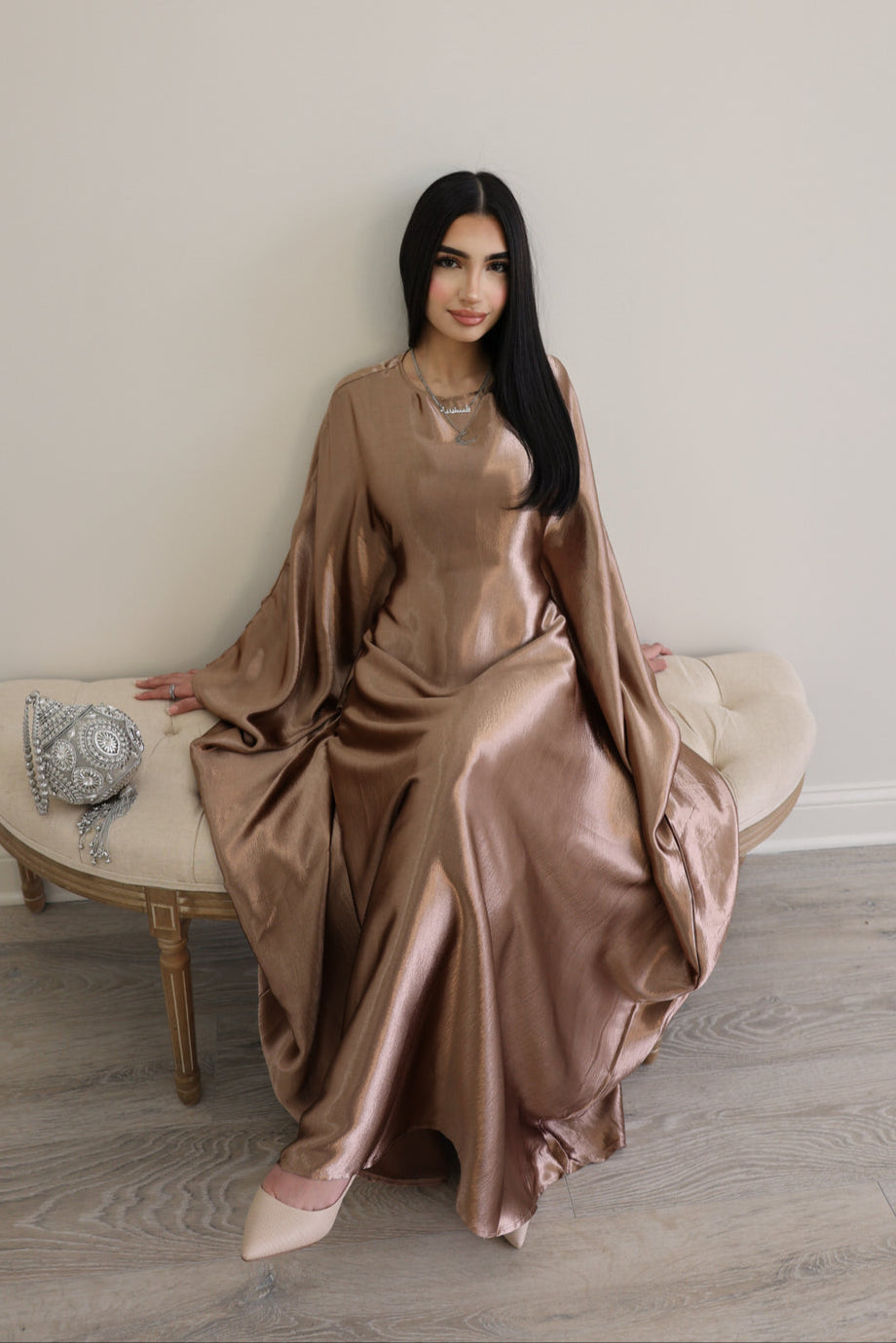 Luxury Silk Butterfly Abaya Silver - Nour Modesty