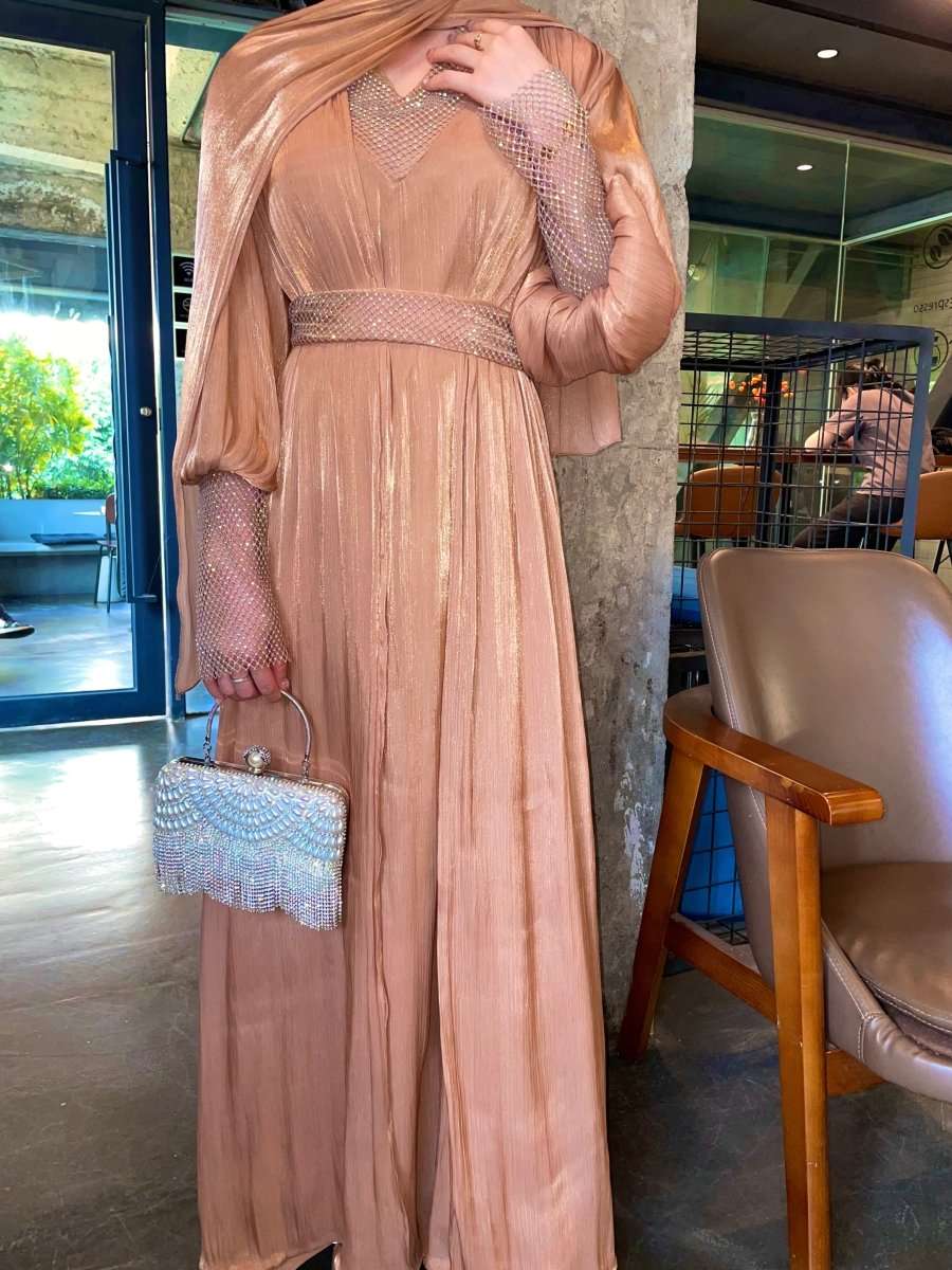 Luxury 4 PC Shiny Organza Abaya Set - Brown