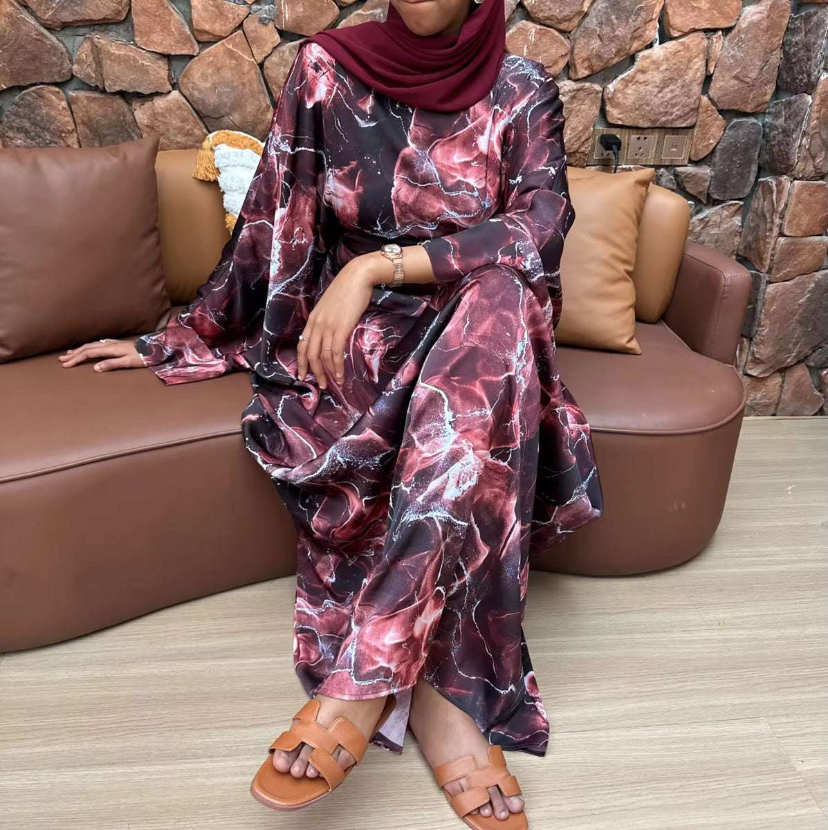 Printed Butterfly Abaya - Marble Red