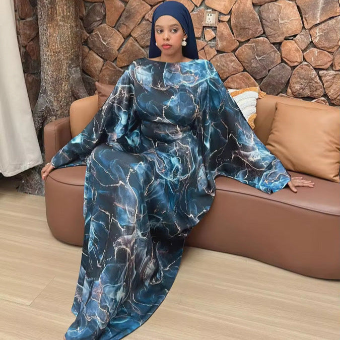 Printed Butterfly Abaya - Marble Blue - Nour Modesty