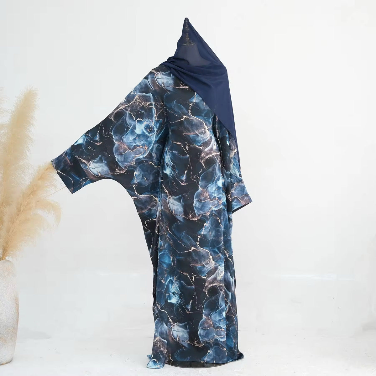 Printed Butterfly Abaya - Marble Blue - Nour Modesty