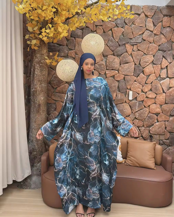 Printed Butterfly Abaya - Marble Blue - Nour Modesty