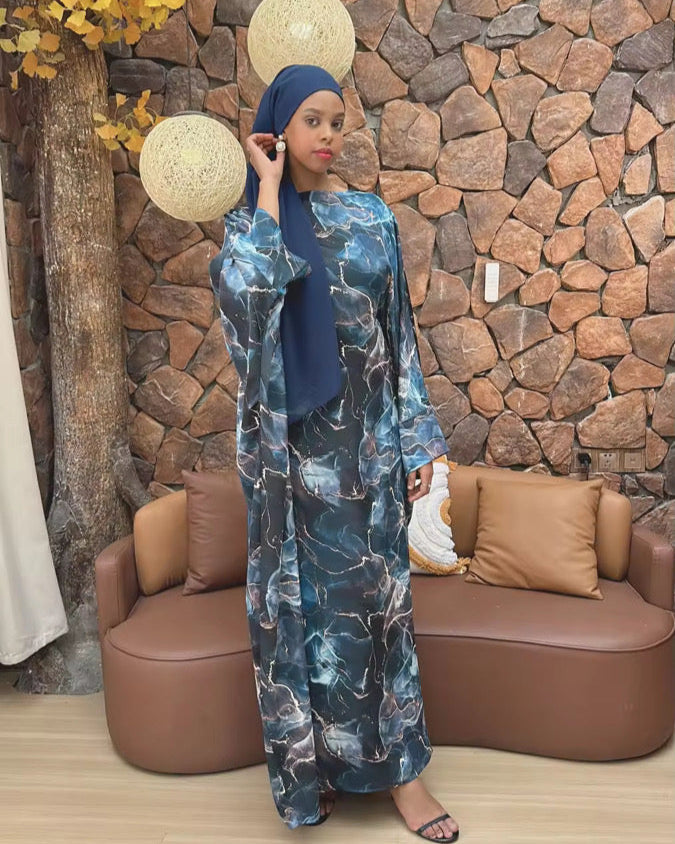 Printed Butterfly Abaya - Marble Blue - Nour Modesty