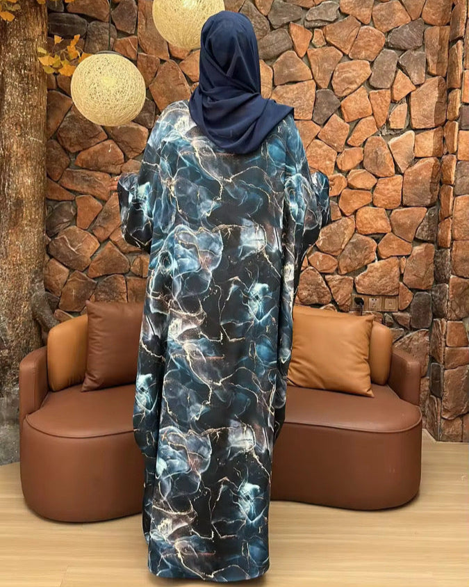 Printed Butterfly Abaya - Marble Blue - Nour Modesty