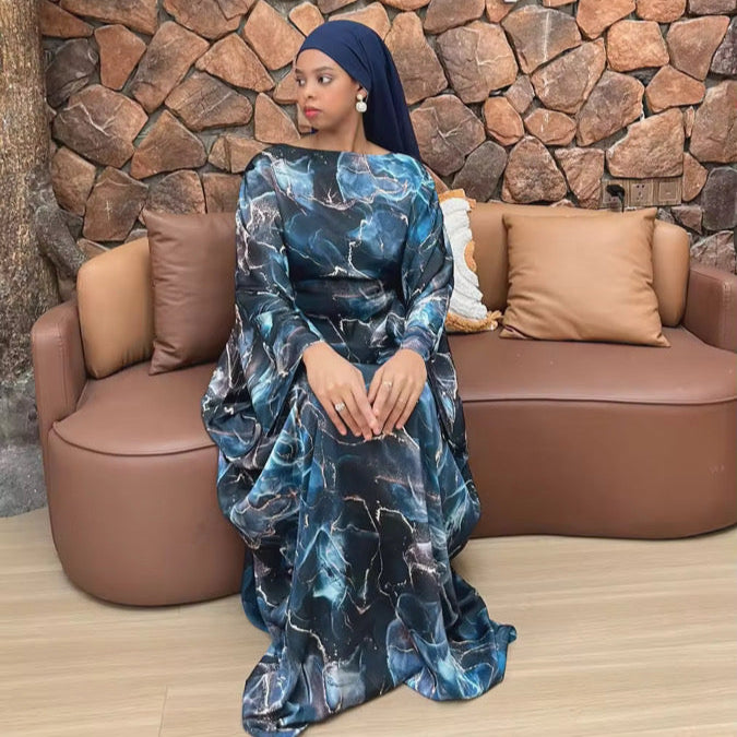 Printed Butterfly Abaya - Marble Blue - Nour Modesty