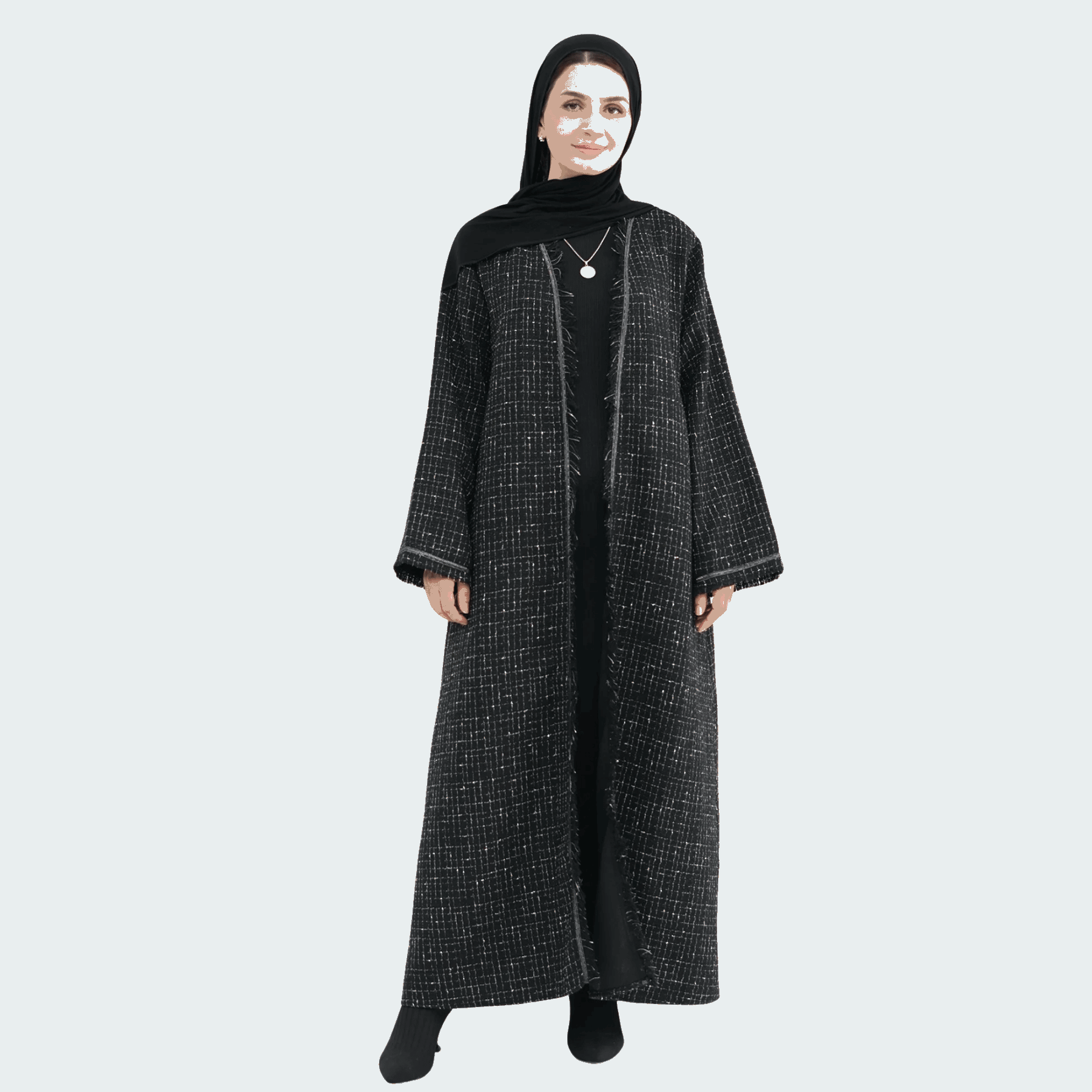 Tweed Open Abaya Coat - Beige