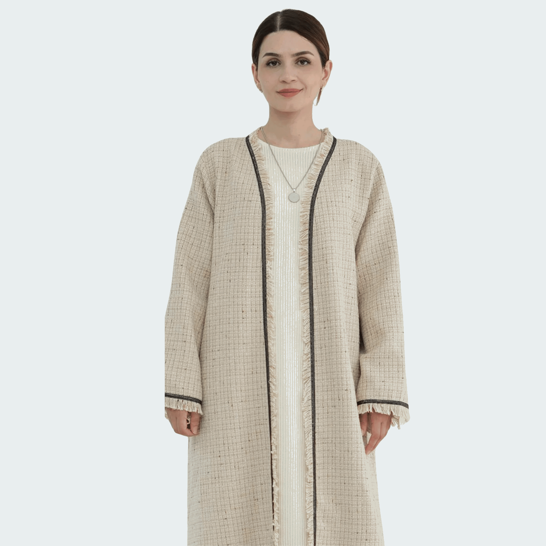 Tweed Open Abaya Coat - Beige