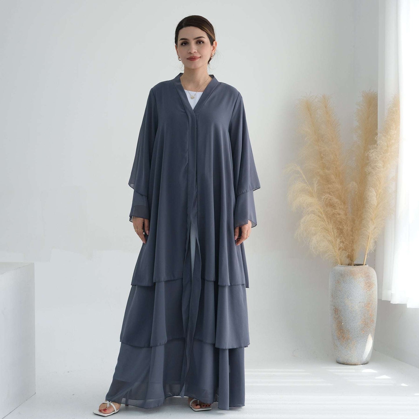 Luxury Layered Open Abaya - Navy Blue