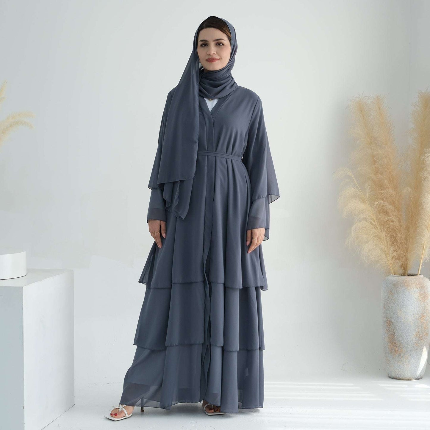 Luxury Layered Open Abaya - Navy Blue