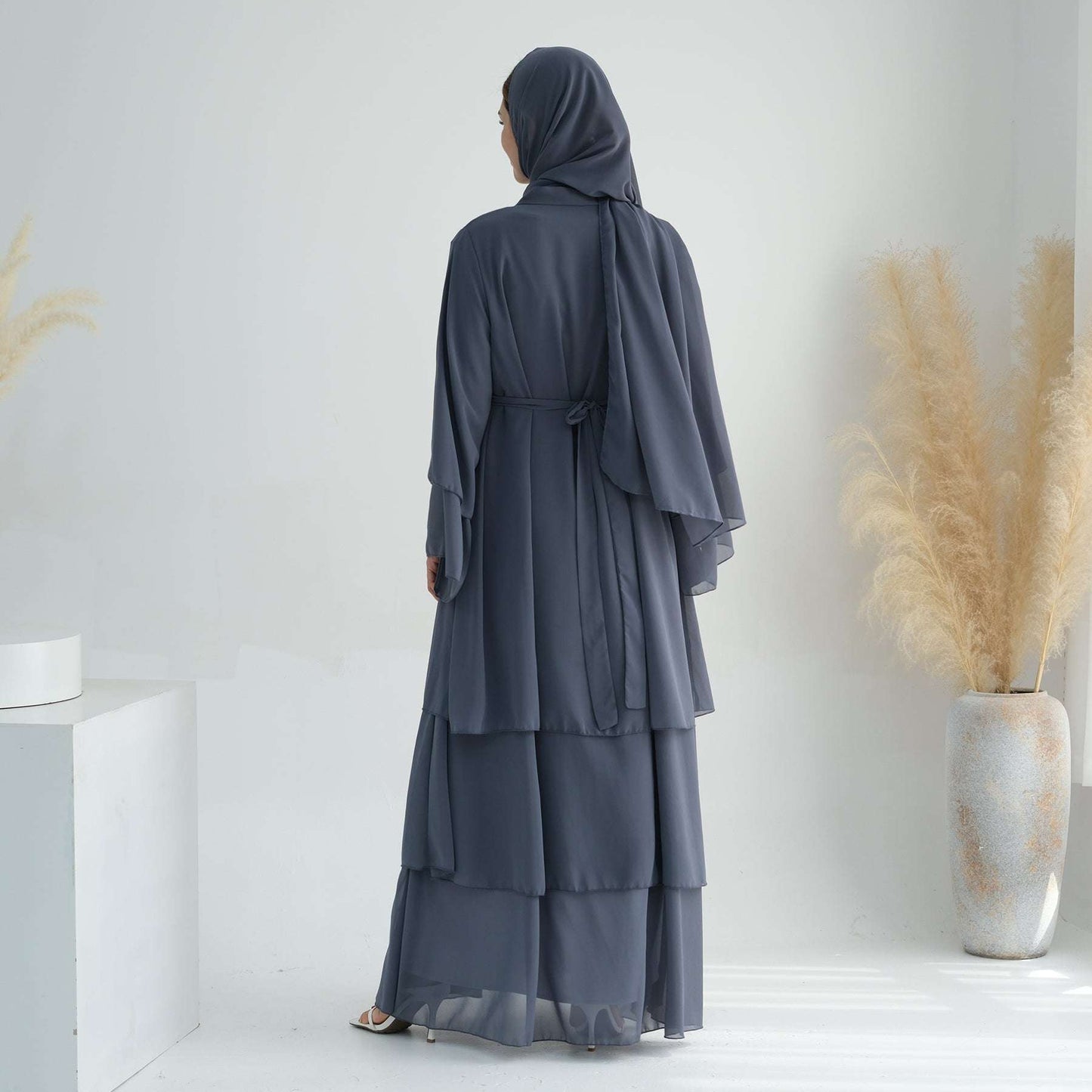 Luxury Layered Open Abaya - Navy Blue