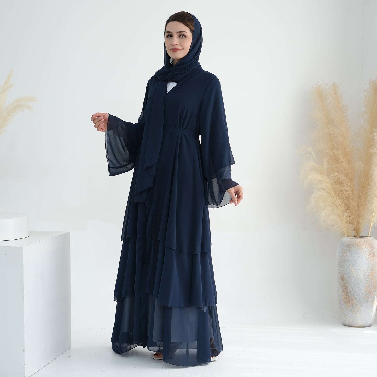 Luxury Layered Open Abaya - Navy Blue