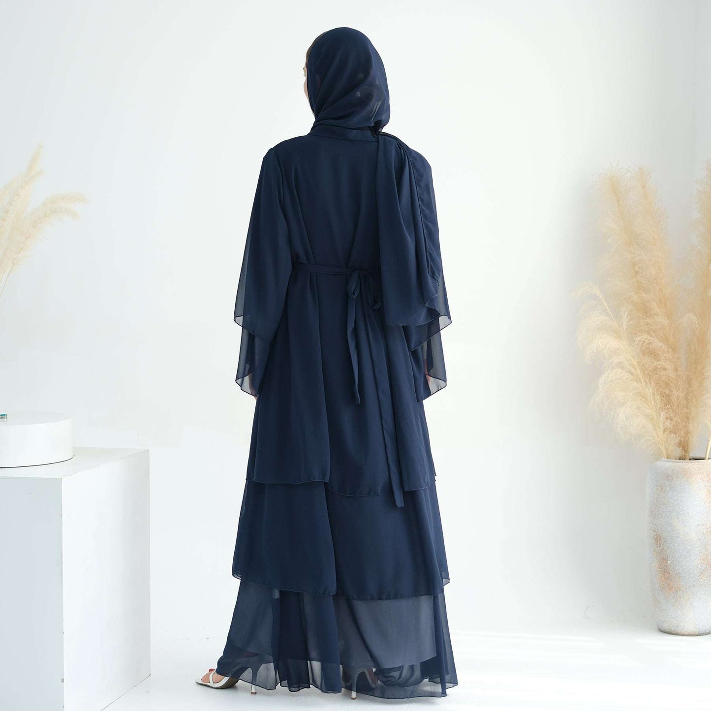Luxury Layered Open Abaya - Navy Blue