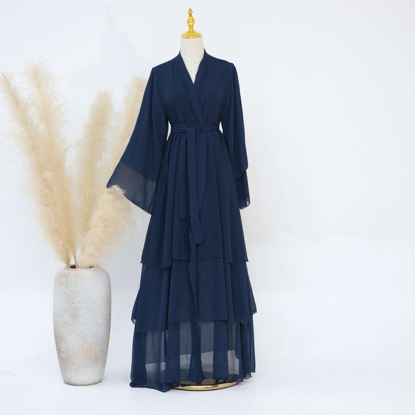 Luxury Layered Open Abaya - Navy Blue