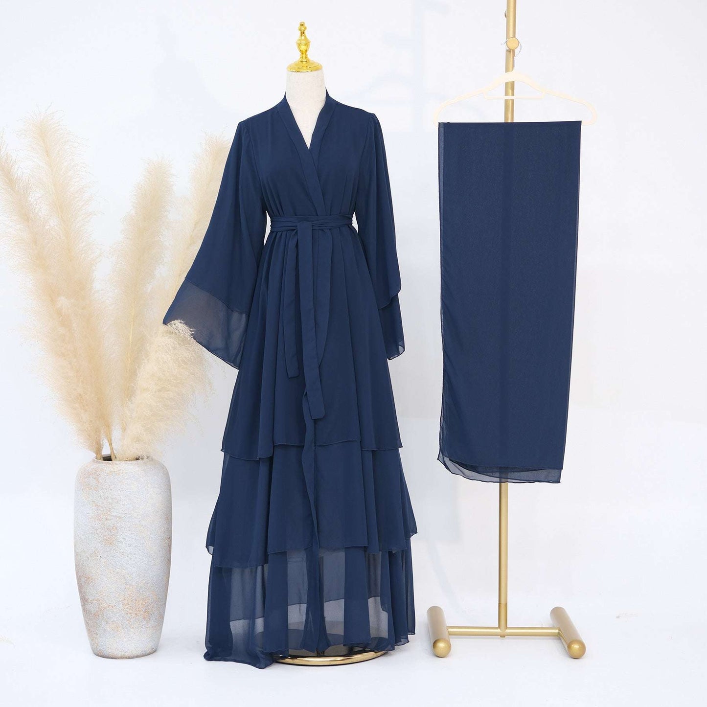 Luxury Layered Open Abaya - Navy Blue