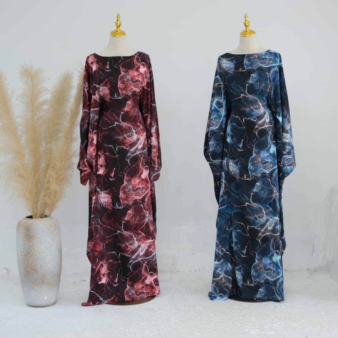 Printed Butterfly Abaya - Marble Blue - Nour Modesty