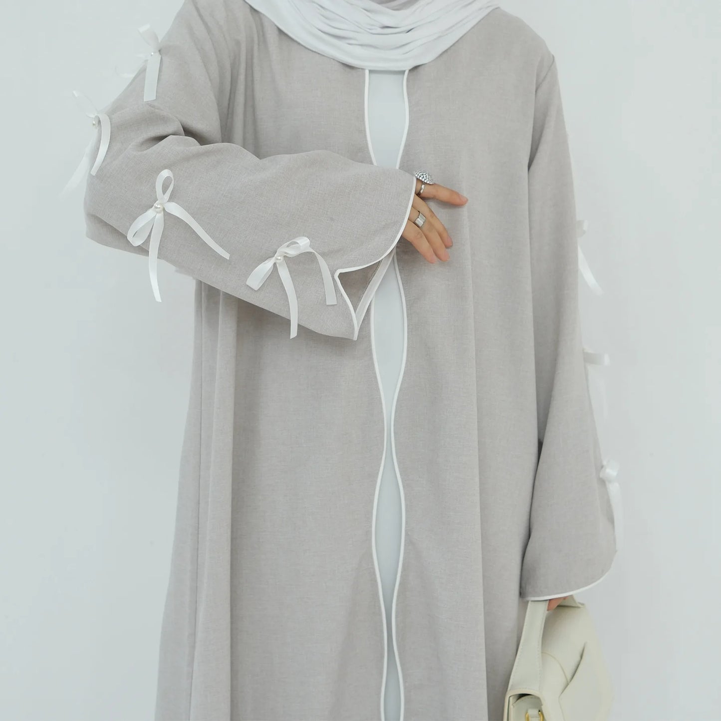 Gray Bow Open Abaya - Nour Modesty