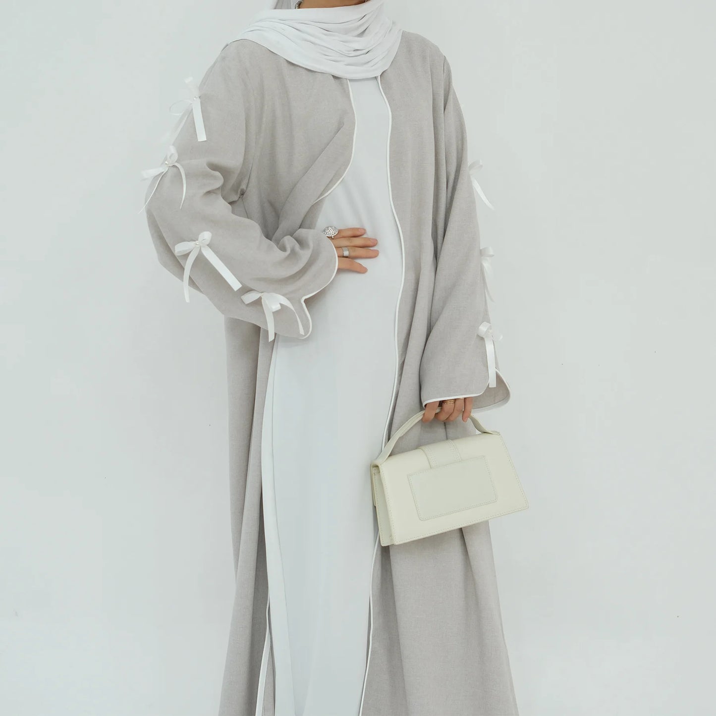 Gray Bow Open Abaya - Nour Modesty
