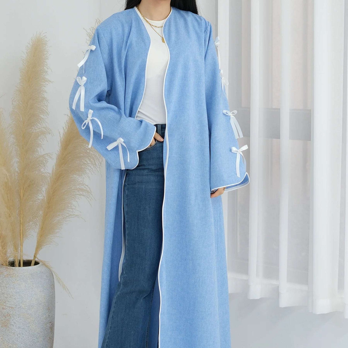 Blue - Bow Open Abaya