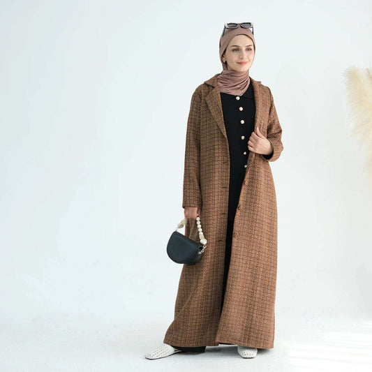 Elegant Tweed Longline Abaya Coat - Brown