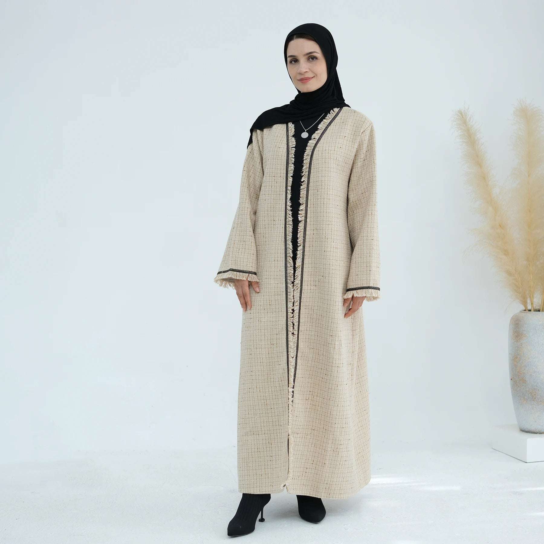 Tweed Open Abaya Coat - Beige