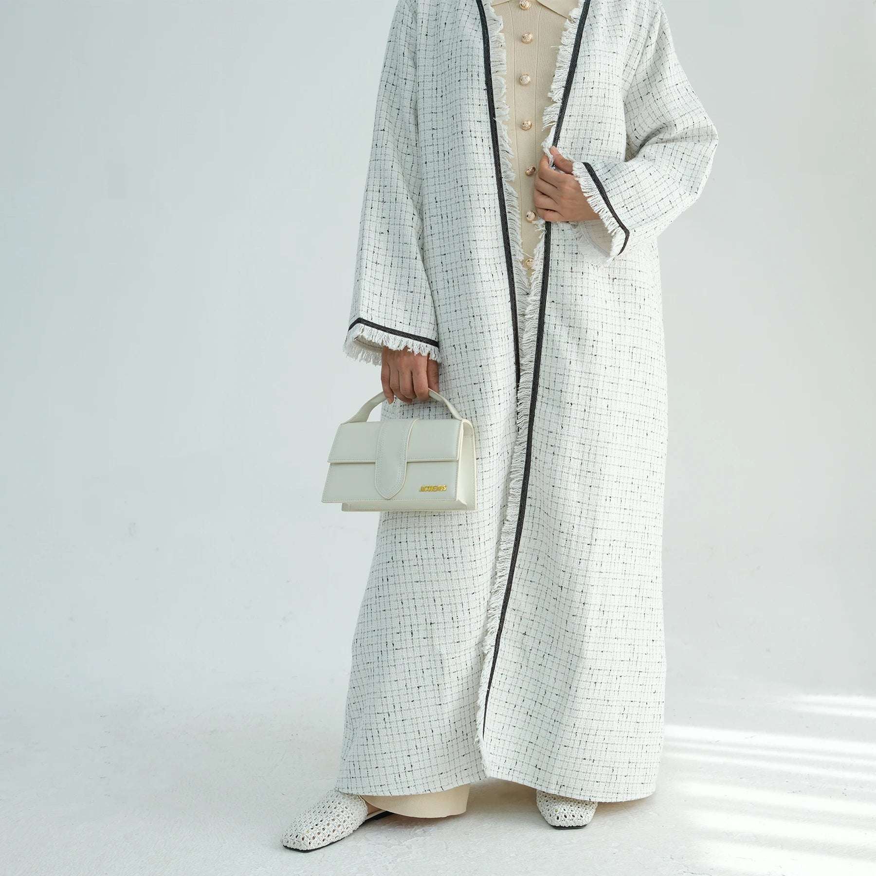 Tweed Open Abaya Coat - Beige