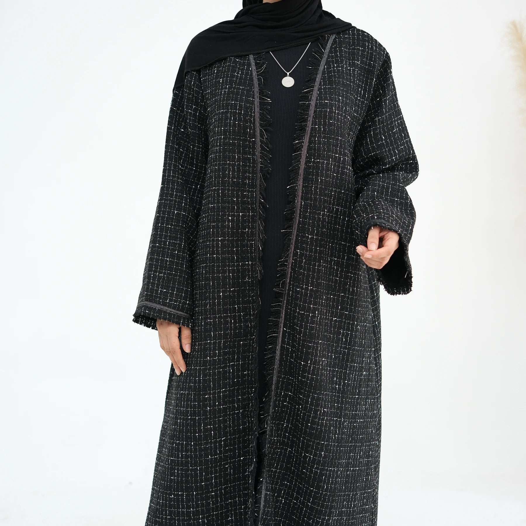 Tweed Open Abaya Coat - Beige
