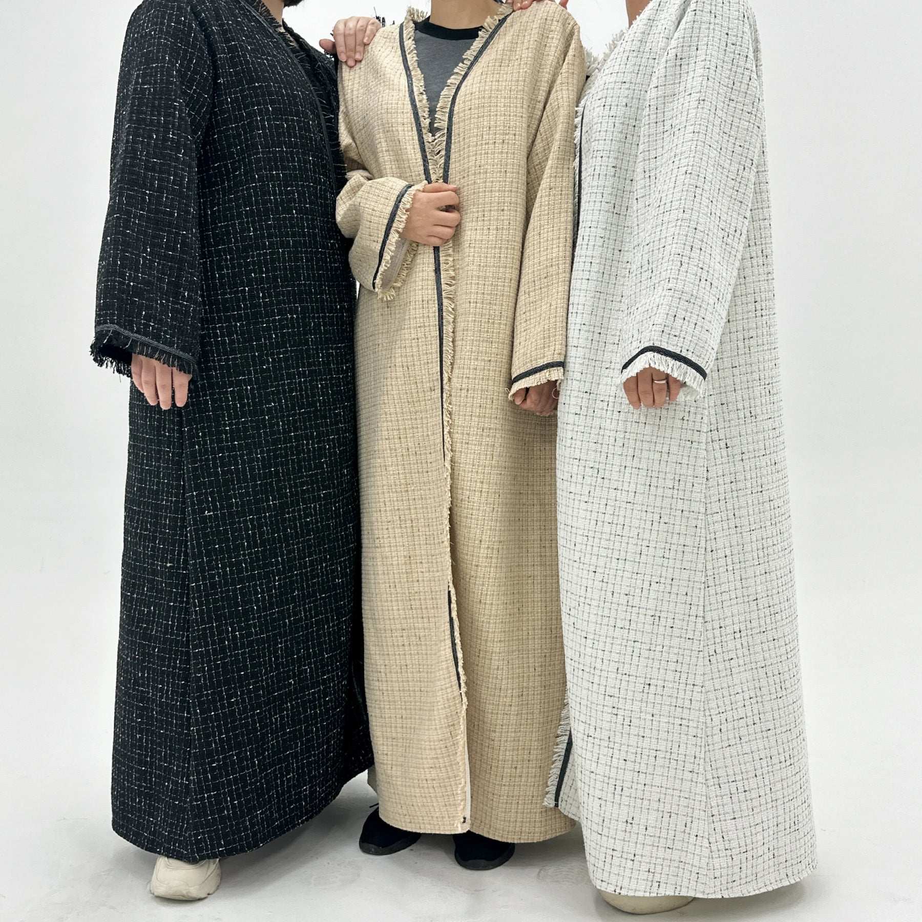 Tweed Open Abaya Coat - Beige