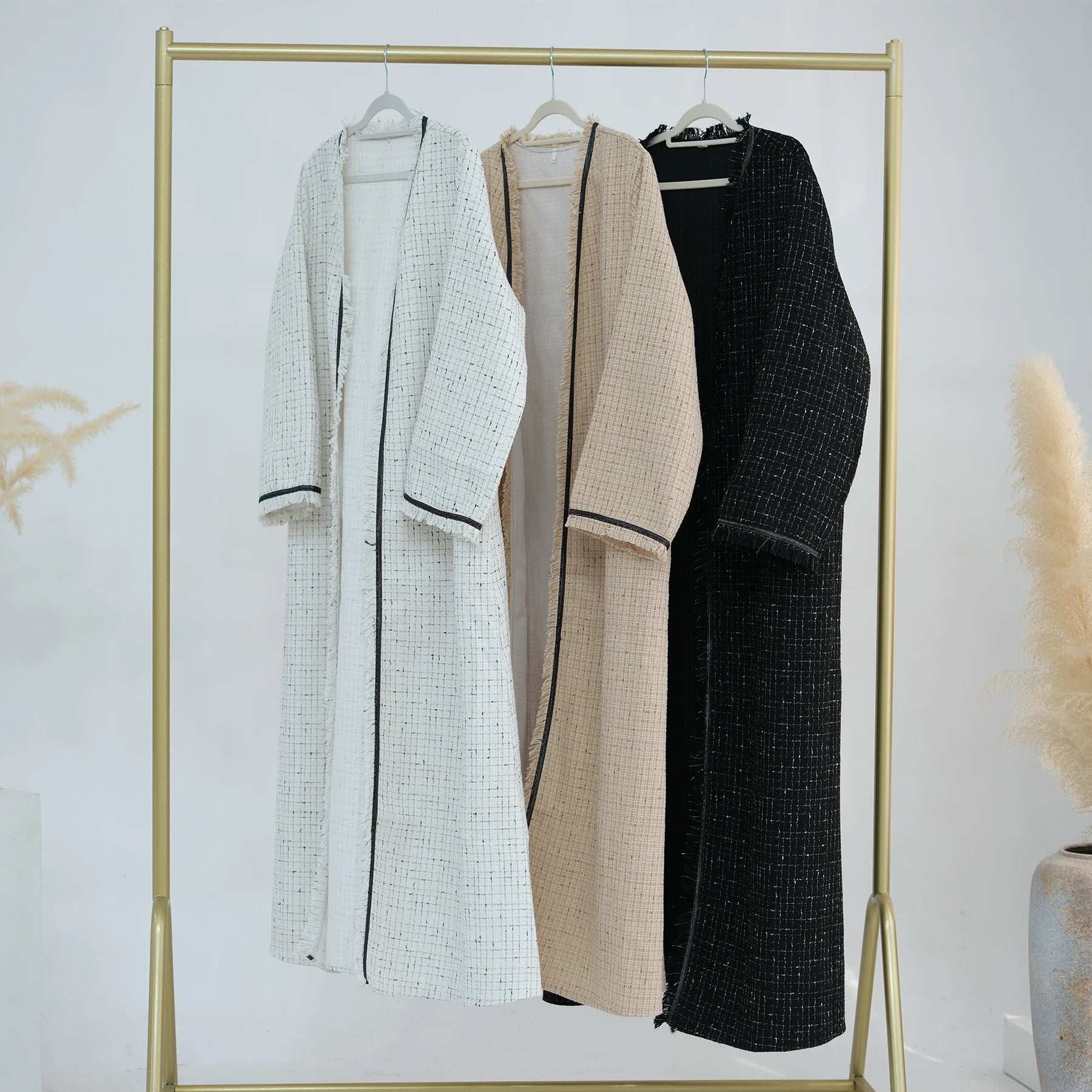 Tweed Open Abaya Coat - Beige