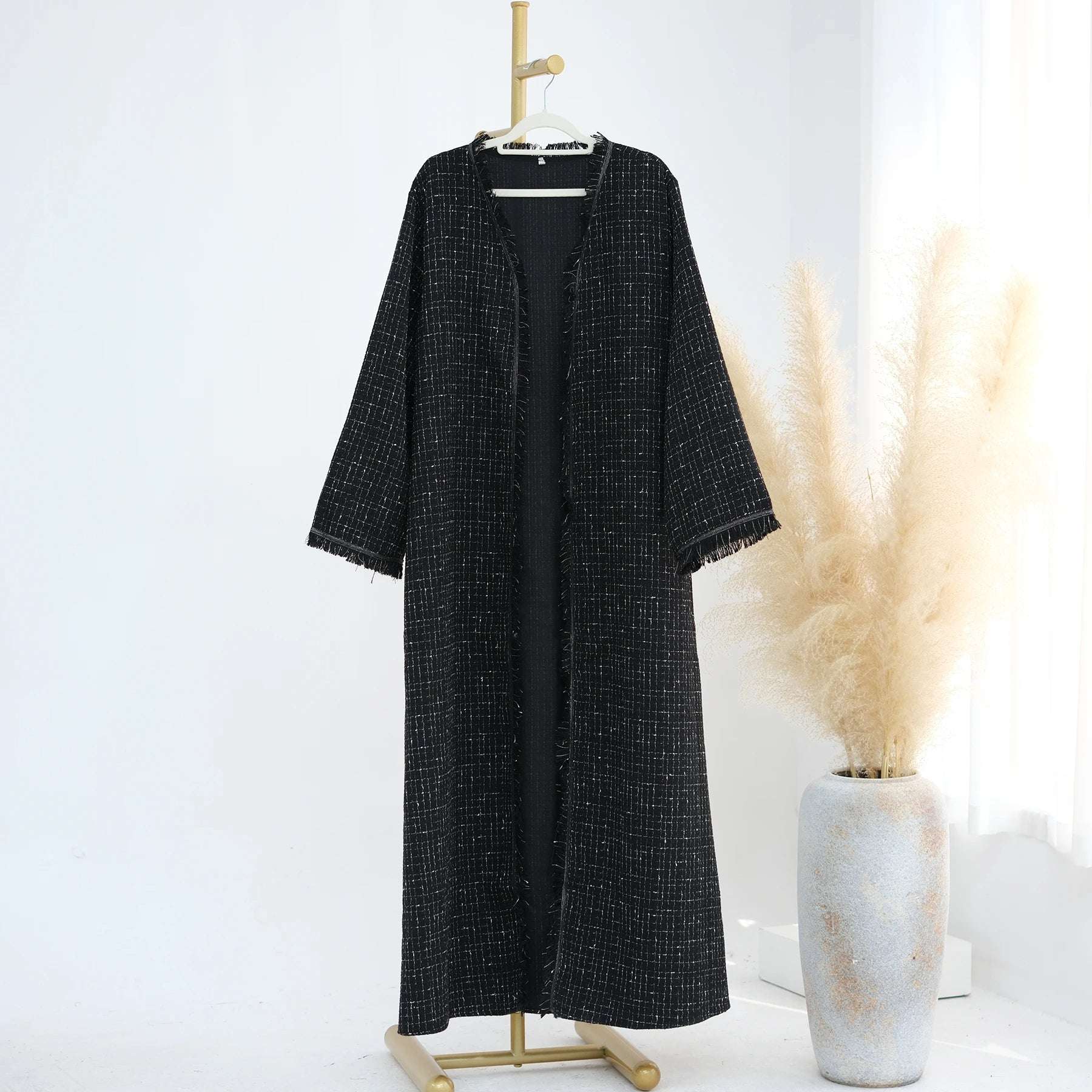 Tweed Open Abaya Coat - Beige